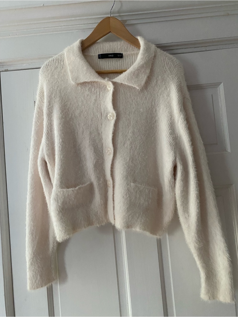 MNG Mango Fuzzy Soft Knit Cream Button-Up Cardigan Sweater